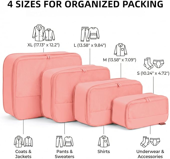 4 Piece Compression Packing Cubes for 3–7 Day Travel, Space Saving Travel Organizers with Breathable Mesh, Double-Zipper Packing Cubes for Carry-On & Suitcases (Blush)