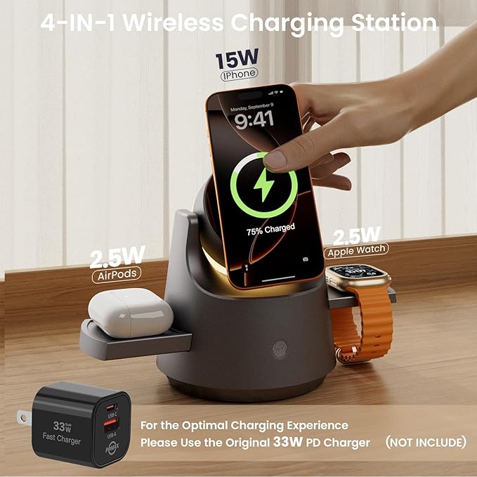 3 in 1 Wireless Charging Station for Apple Devices, PDMAX Qi Mag-Safe Charger Stand & RGB Light, Fast Charging Station for iPhone 17 PRO MAX,16,15 Series&iWatch&Air Pods- Gray（No Adapter）
