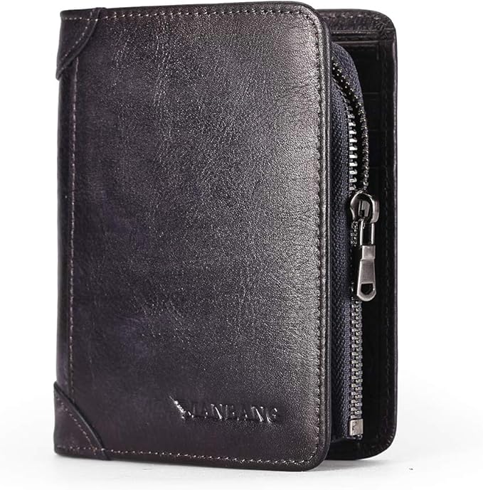MANBANG Mens Wallet Zipper Genuine Leather RFID Card Holders Cowhide Zip Coin Pocket Bifold wallets for men