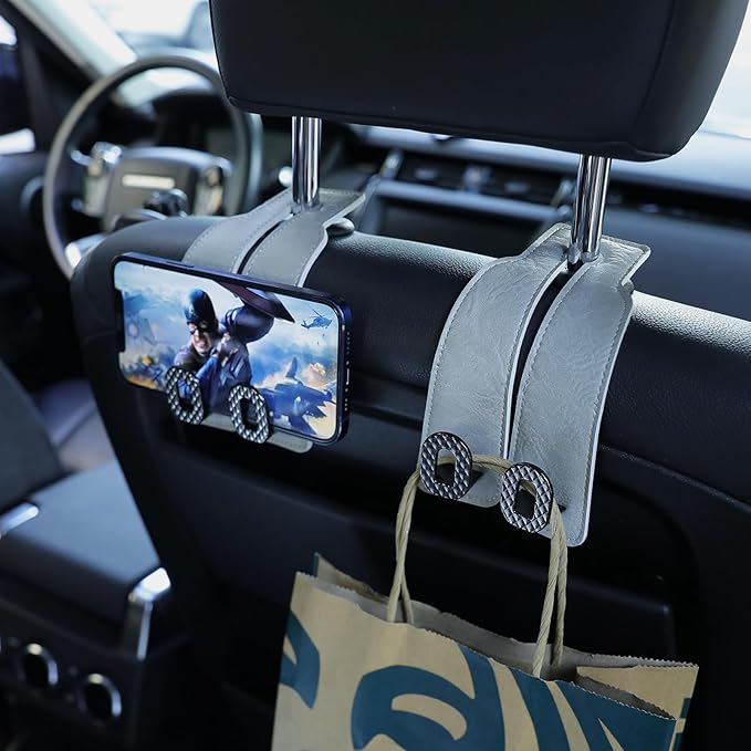 Car Headrest Hooks Universal Car Purse Hook Premium Leather and Alloy Twin Hook Car Seat Back Storage Hanger Hook for Purse Bags Cloth Drink Durable Holder Car Accessories (BH09-Grey-Black)