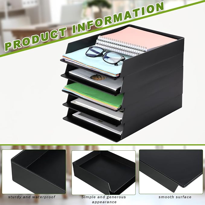 Wenqik 20 Pcs Stackable Paper Trays Rectangular Plastic Desk Holder Desktop Document File Organizer Storage Letter for Back to School Office Classroom (Black)