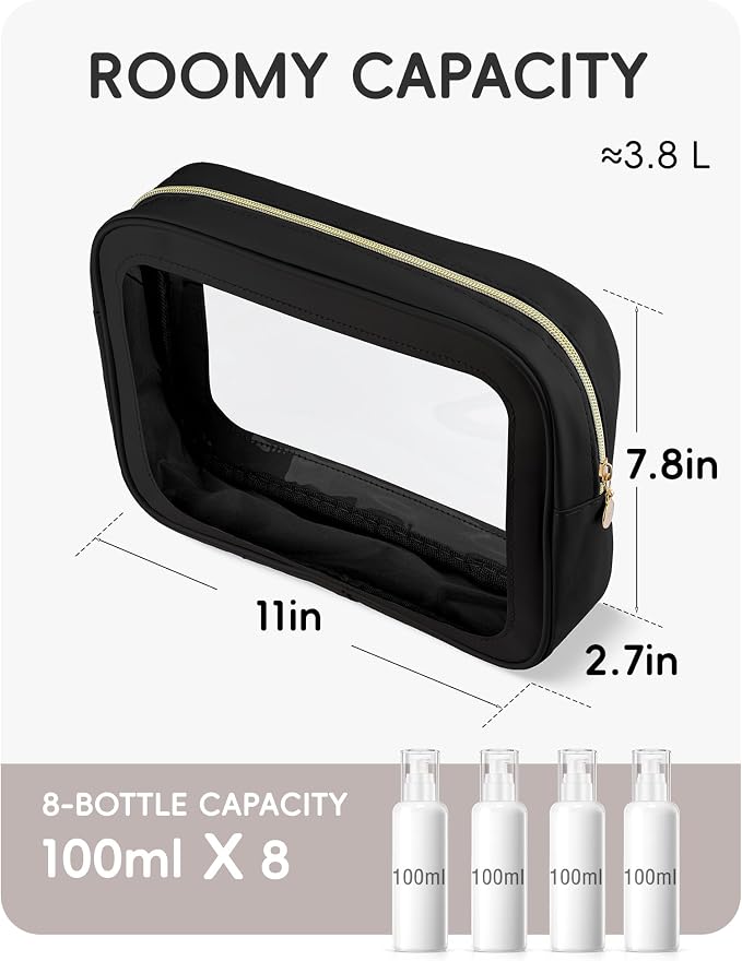 Clear Makeup Bag for Women, Large 11-Inch Transparent Travel Toiletry Bag, PU Leather Cosmetic Pouch Organizer with Smooth Gold Zipper, Portable Wash Bag for Luggage & Carry-on (Beige/Black)