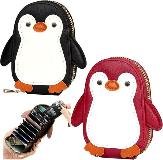 Cute Cartoon Penguin-shaped Coin Purse PU Leather Accordion Card Holder Large Capacity Zippered Money and Card Organizer Portable Mini Coin Purse (2-pack black + red)