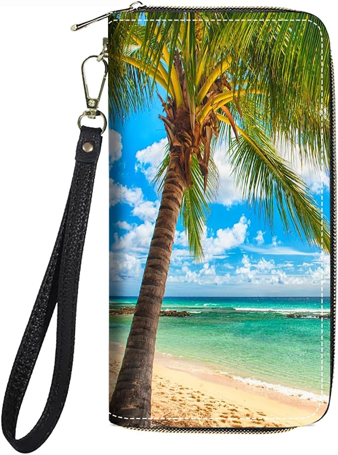 Women's Large Capacity Wallet PU Leather Zip Around Clutch Purse Multifunctional Wallet with Removable Wristlet Strap for Smart Phone/Coin/Card/Cash, Tropical Paradise Beach Palm Trees