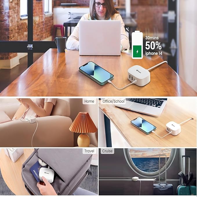 USB Charging Hub, 4 in 1 Charger for Multiple Devices with 2 USB-C and 2 USB-A, Wall Charger Power Strip Adapter Plug for iPad iPhone Pixel Note Galaxy, 5FT Cord, Ideal for Travel Office Desktop