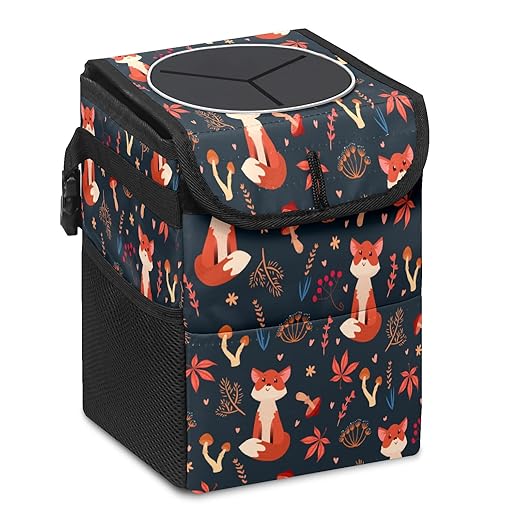 Car Trash Can Cute Red Foxes Forest Mushrooms Wate-rproof Auto Garbage Bag Car Trash Can with Lid Leak-Proof Car Storage Bag Hanging for Headrest Collapsible and Portable with Storage Mesh Pocket