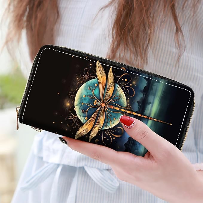 Women's Large Capacity Wallet PU Leather Zip Around Clutch Purse Multifunctional Wallet with Removable Wristlet Strap for Smart Phone/Coin/Card/Cash - Dragonfly