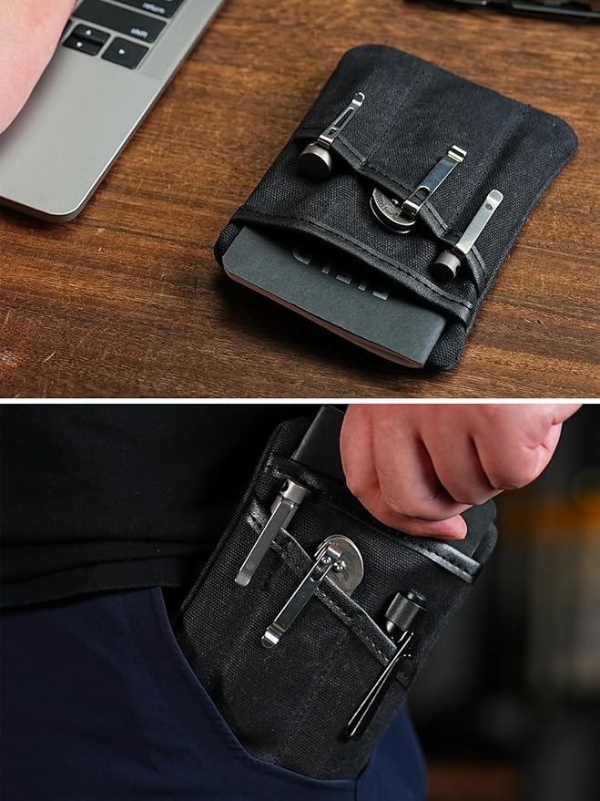 Sayram SP6 EDC Pouch, Waxed Canvas Compact Pocket Organizer, EDC Pocket Pouch for Men, Zippered Pocket Pouch, Mini EDC Organizer for Everyday Carry, Multitool Organizer Pouch (Oil Wax Black)