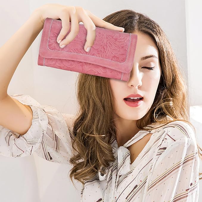 MEITRUE Women's Wallet Leather RFID Blocking Trifold Ladies Purse Embossed long Clutch Card Holder Phone Checkbook Organizer