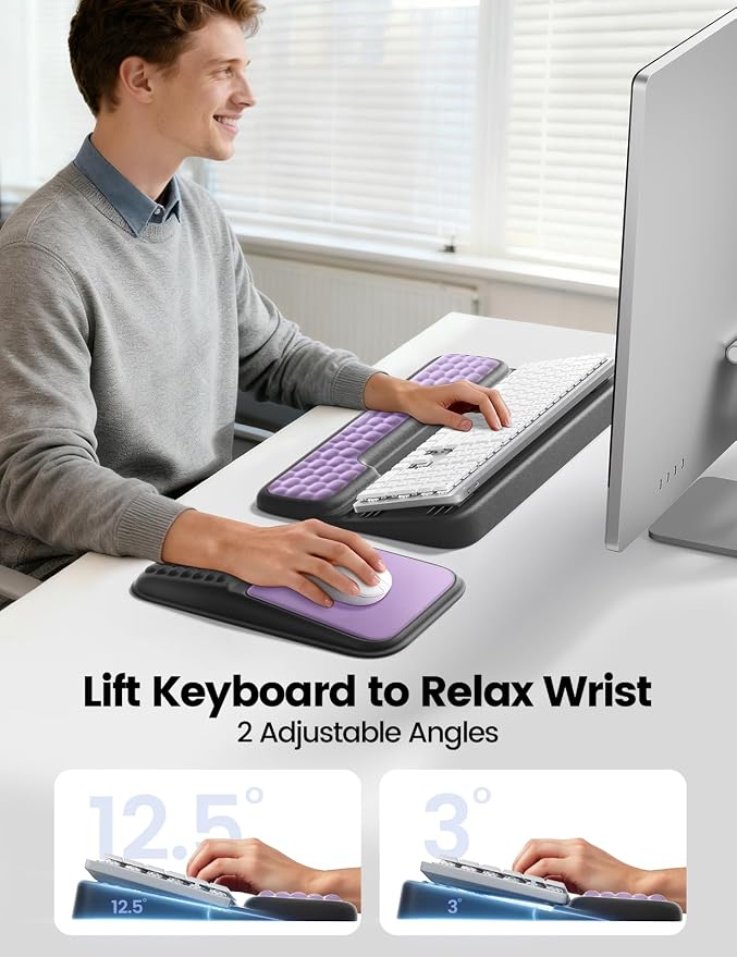 Vaydeer Keyboard Stand and Mouse Pad Set Wrist Rest, Computer Wrist Support Pad, Memory Foam Desk Cushion Mouse Support, Ergonomic Tilt Keyboard Riser Lift, Palm Hand Typing for Office, Home, Gaming