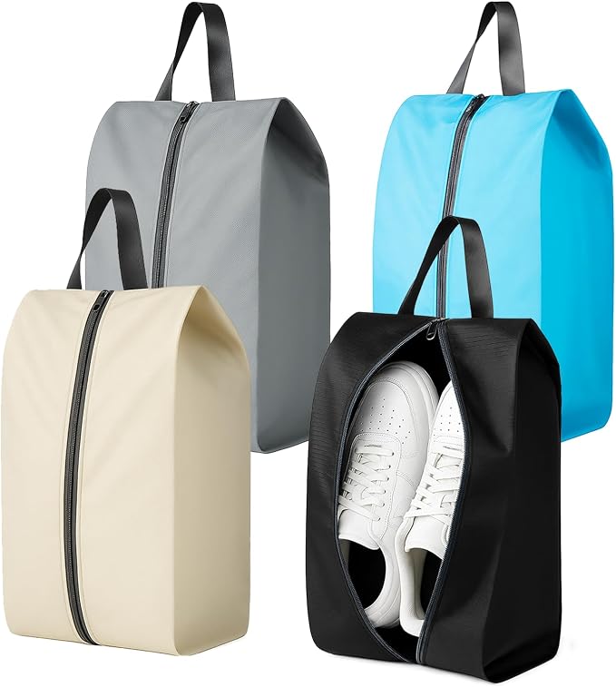 Set of 4 Travel Shoe Bags for Packing in Suitcase – Water-Resistant Shoe Storage Pouches with Zipper and Handle, Portable Bags for Gym, Sports, Cleat and Ballet