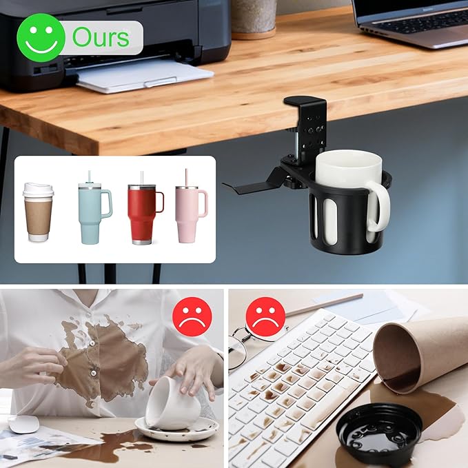 MYITYARD Desk Cup Holder Clamp, 2 in 1 Anti-Spill Clip On Table Cup Holder with Headphone Hanger, Rotatable Water Bottle Stand Drink Coffee Mug Storage, Office Accessories for Home and School