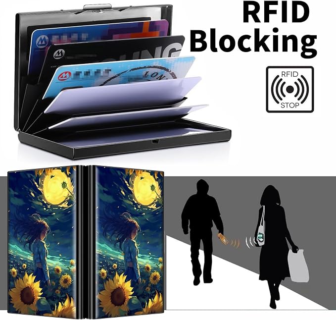 Metal Wallet for Women Men Girls, RFID Blocking Slim Aluminum Credit Card Holder, Mini Travel Wallet with Hard Shell, Lightweight ID & Business Card Case,Sunflower Girls