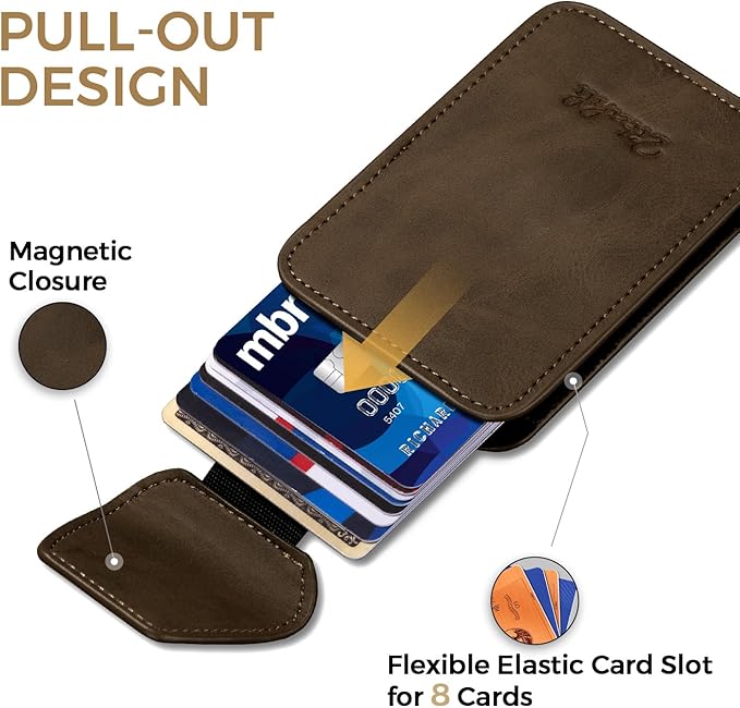 Zitahli Slim Wallet for Men with Pull-Up Tab & Cash Strap - Front Pocket Minimalist Easy Access Card Holder, RFID Blocking, Holds 8 Cards & 10-15 Bills