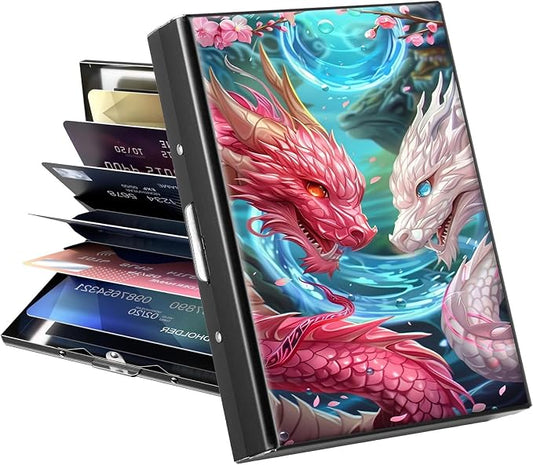 Metal Wallet, Credit Card Holder for Women Men Girls, RFID Blocking Aluminum Wallet Slim Hard Case, Mini Travel Wallet, ID Card Holder Business Card Case,Pink White Dragon