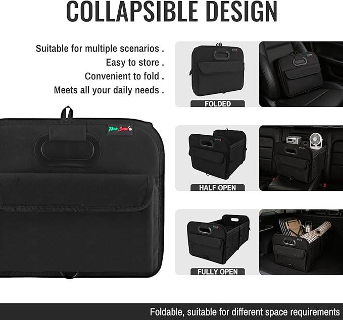 PAT SAM'S Trunk Organizer for SUV, Foldable Car Storage Organizer with Dividers, Waterproof Oxford, Collapsible Car Storage Box with Pockets for Grocery, Tools, Travel (Black)