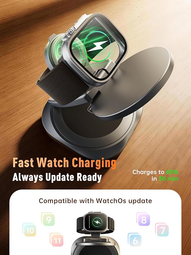 REWONDER Qi2.2 25W Magnetic 3-in-1 Wireless Charger, Foldable Aluminum Charging Stand for iPhone 17/16/15, Pixel, Apple Watch & AirPods, Strong Magnet Stable Base,Travel Charger (Adapter Not Included)