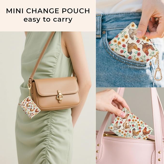 Chicken Rooster Floral Cute Keychain Coin Purse for Women, Small PU Leather Change Pouch, Zipper Little Travel Credit Card Wallet for Girls, Tiny Pocket Holder with Key Ring Ladies Gifts