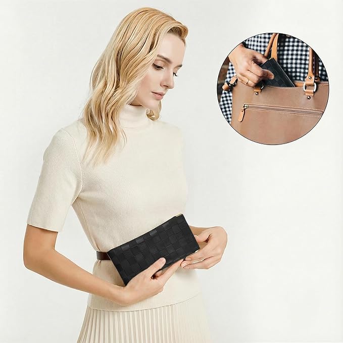 3Pcs Small Makeup Bag for Purse, Waterproof Portable Checkered Leather Makeup Pouch, Small Purse Pouches for Purse Small Coin Purse Organizer Pouches Snap Closure Pocket Cosmetic Bag for Women (Black)