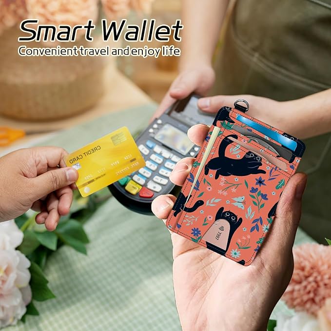 Small Travel Wallets, Black Cat Flowers Slim Minimalist Front Pocket Wallet with Wristlet, RFID Blocking PU Leather Credit Card Holder with ID Window Change Purse for Men Women