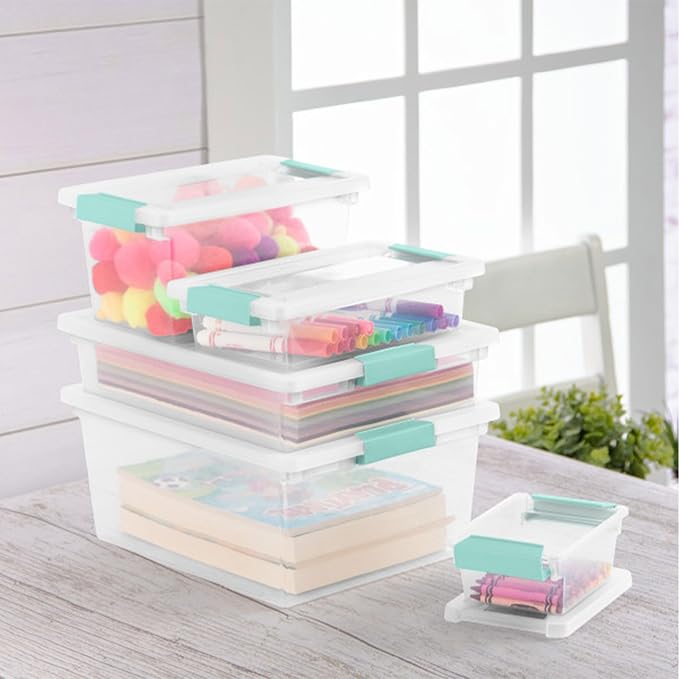 Sterilite 4-Pack Clip Box, Stackable Clear Plastic Bins with Latching Lids, Medium - Writing, Arts or Crafts Supplies Storage Containers for Home, Office, Classroom and Workshop Organization