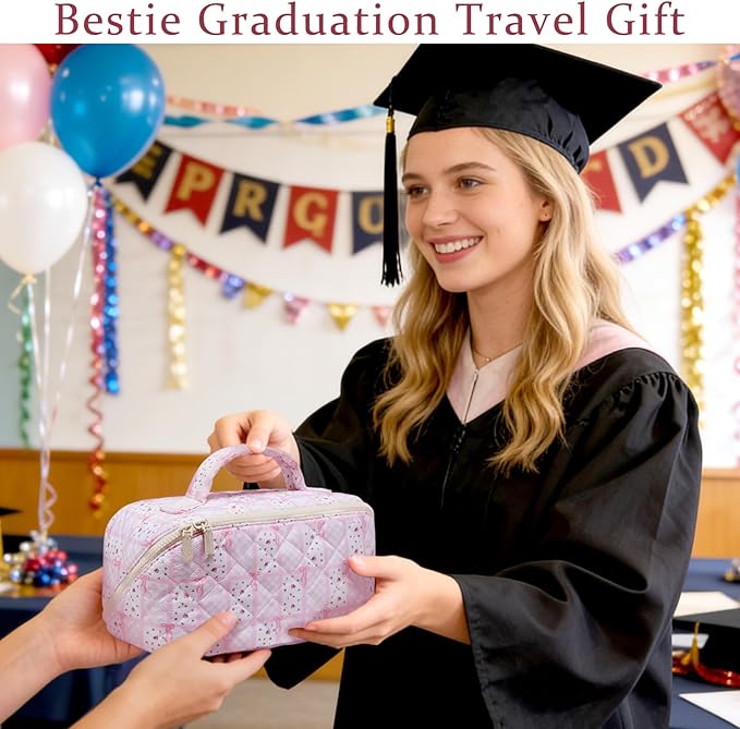 Large Pink Bow Floral Travel Makeup Bag Lay Flat Quilted for Women Airplane Essentials, Personalized Her 16th 18th 21st 25th 30th Birthday Gifts, Bride Teen Girls Cosmetics Skincare Brush Organizer