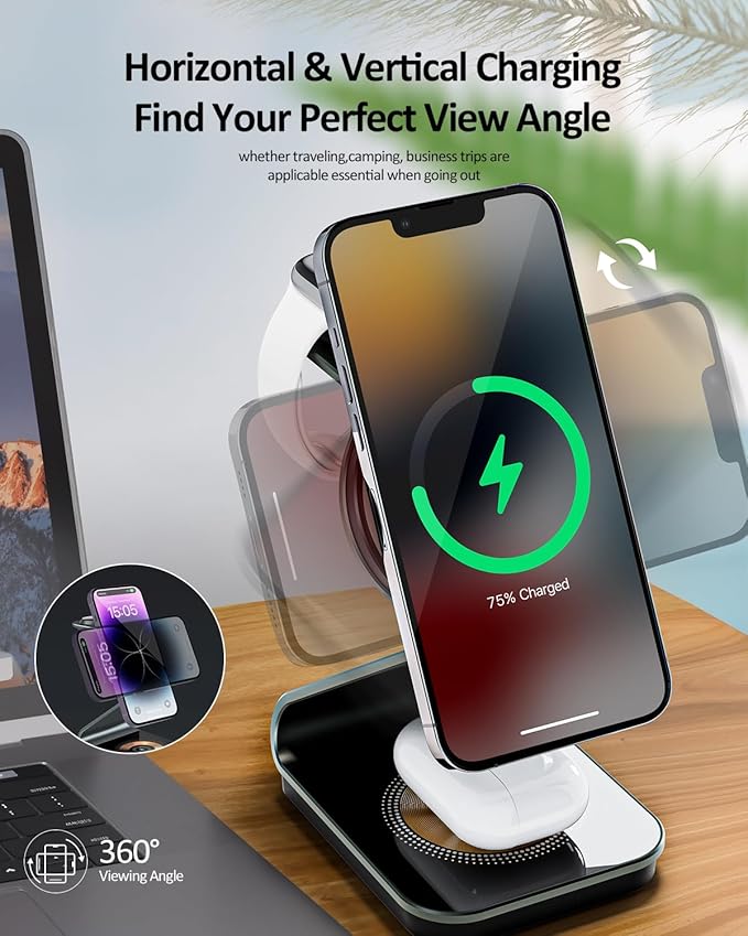 Wireless Cell Phone Charger Station 3 in 1, Magnetic Wireless Fast Phone Charger Dock Stand for iPhone 16/15/14/13/12/Apple Watch/AirPods Pro, 15W USB-C iPhone Wireless Charger, Black