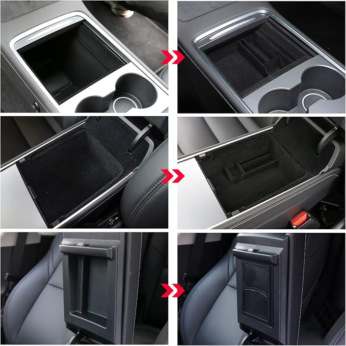 3PC Center Console Organizer Tray for 2021-2022 2023 Tesla Model 3 and 2021-2024 Model Y Flocked Armrest Drawer Storage Box Interior Accessories