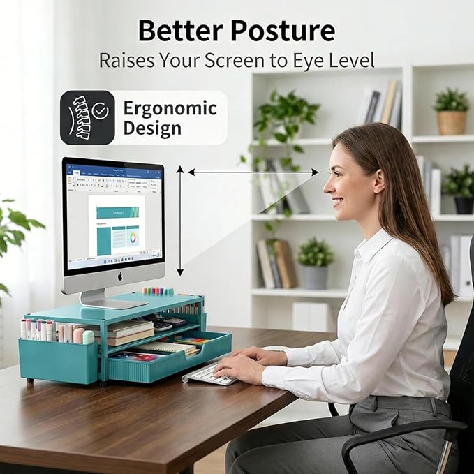 ECOLOVI Desk Organizer and Accessories, 2-Tier Computer Monitor Stand Rise with Storage Drawer & 2 Pen Holders, Laptop & Printer Stand for Desktop, Workspace Organizers for Office Supplies (Blue)