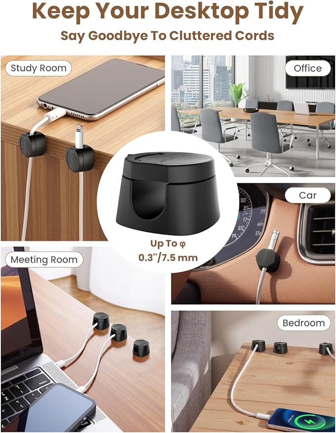 6-Pack Magnetic Cable Clips 360° Rotating, Kanemc Adhesive Cord Organizer for Desk, Minimalist Wire Holder Cable Management for Phone Charger, Laptop Cords, Nightstand and Office Accessories