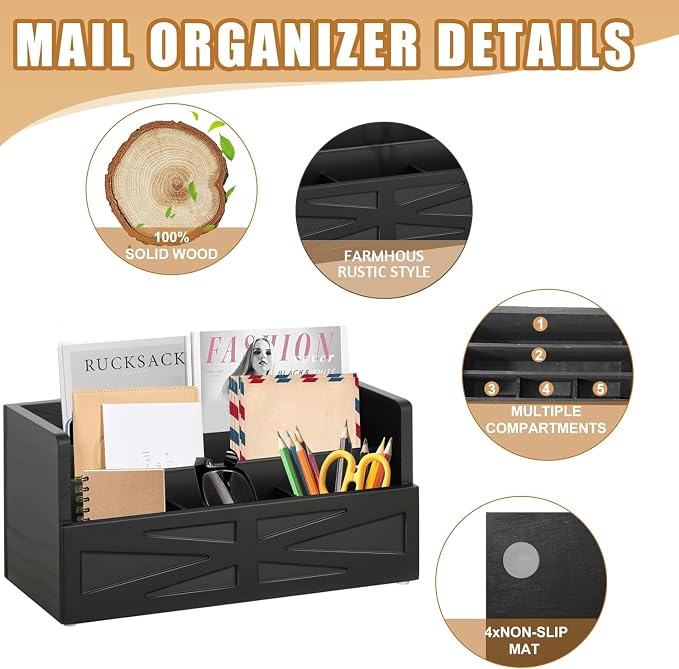 Mail Organizer Countertop, Wood Mail Holder Sorter for Desk, Rustic Bill Storage Organizer Box, Office Letter Basket for Document File Folder Paper Envelope (Black)