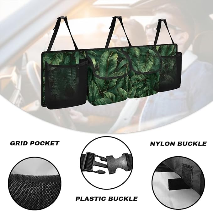 Palm Leaves Design Back Seat Trunk Organizer,Car Trunk Storage Organizer with Lid Keep your Trunk Clean and Tidy 4 Large Pockets Not Easy to Fade Machine Washable