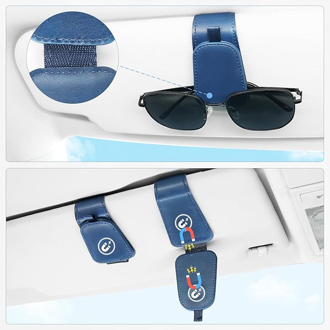 SINGARO 2 Pack Sunglass Holder for Car Visor Sunglasses Holder Clip, Universal Non-Slip Magnetic Leather Glasses Eyeglasses Hanger Mounter, Truck Interior Car Visor Accessories for Woman Man, Blue