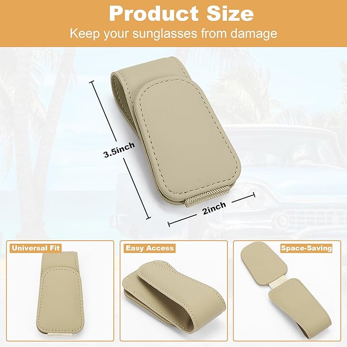 Sunglass Holder for Car, Magnetic Leather Car Sunglass Holder, Visor Sunglasses Holder Clip, Sunglasses Clip for Car Visor, Sunglass Holder for Ticket Card and Different Size Eyeglasses(1 Pack, Beige)