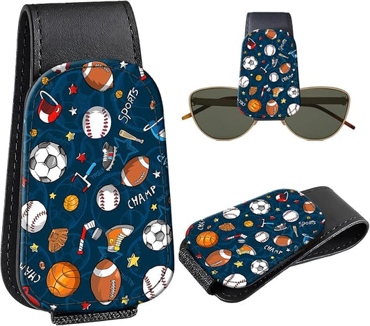 Leather Magnetic Sunglass Holder for Car Sun Visor, Cute Eyeglass Ticket Card Hanger Clip, Universal Auto Interior Accessories for SUV Pickup Truck, Sports Ball