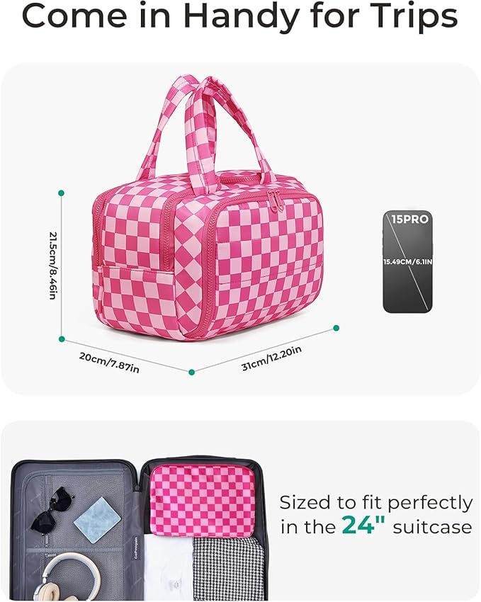 Travel Toiletry Bag, Spacious Hot Pink Checkered Toiletry Bag for Women,Large Toiletry Bags for Traveling,Lightweight Travel Cosmetic Makeup Bag Organizer for Accessories,Toiletries (Pink Checkered)