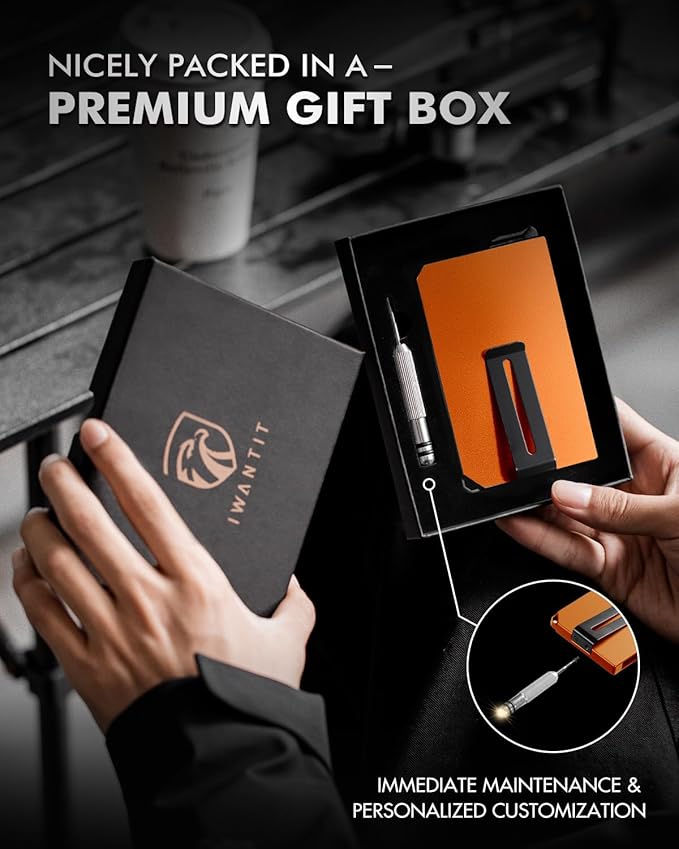 iwantit Pop Up Wallet for Men, Slim Minimalist Credit Card Holder with Money Clip - Man Metal Aluminum Wallet RFID Blocking, Smart Tactical Wallet for Men, Gift for Men (Orange)