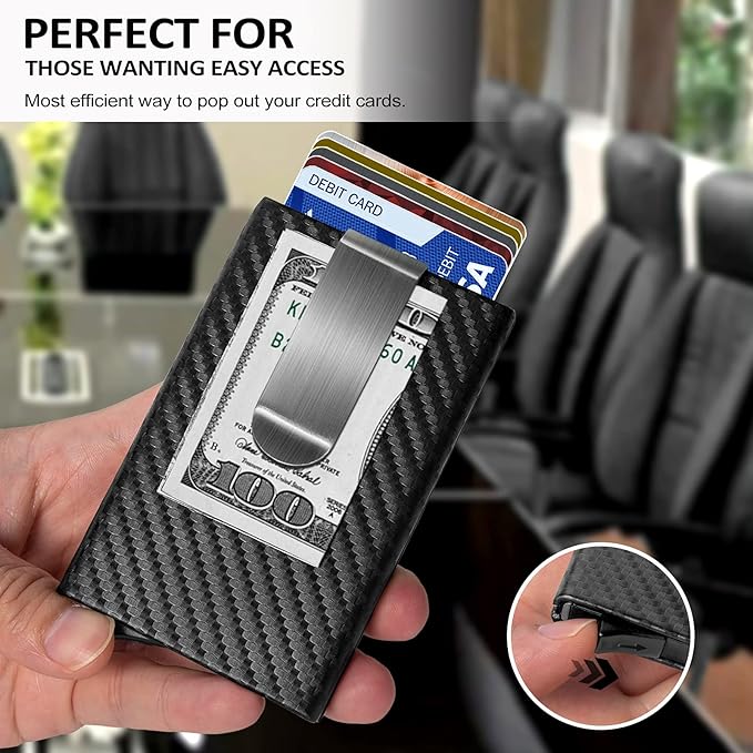 MOSIYEEF Slim RFID Blocking Card Holder Wallet for Men - Minimalist Pop Up Credit Card Holder Wallet with Stainless Steel Money Clip, Carbon Fiber Leather Wallet, Holds 6 Cards - Ideal Gift for Him