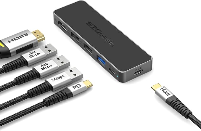 USB-C 5-in-1 Hub Pro Series: 4K 60Hz HDMI, 100W PD Charging, USB 3.0 Data, 20" Detachable Cable. Multiport Adapter for MacBook