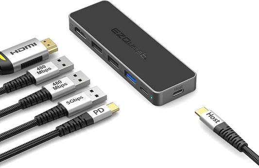 USB-C 5-in-1 Hub Pro Series: 4K 60Hz HDMI, 100W PD Charging, USB 3.0 Data, 20" Detachable Cable. Multiport Adapter for MacBook