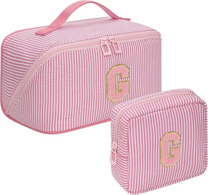 2026 Graduation Gifts - Travel Makeup Bag for Women, 2Pcs Portable Personalized Initial Makeup Organizer Bag, Open Flat Large Cosmetic Bag With Travel Essential Pouch (Pink Letter G)