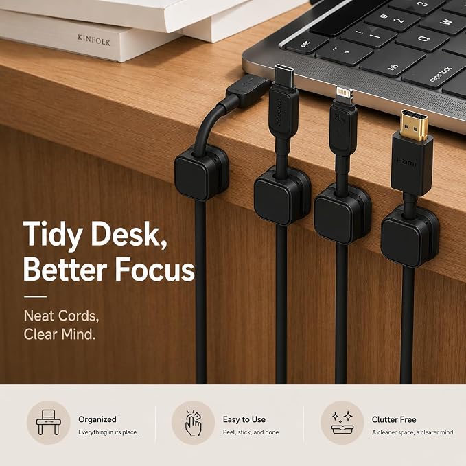 10 Pack Cable Organizer Clips, Adhesive Cord Holder for Desk, Office, Car & Nightstand, Spring Lock Cable Management with Strong Acrylic Adhesive, Black