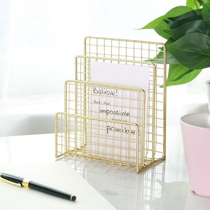 3 Slots Letter Holder, Metal Multifunctional File Holder for Mails, Books, Brochures and Postcards, Desktop Office Organizer Decoration, 5.6” x 3.7” x 7.0”, Gold