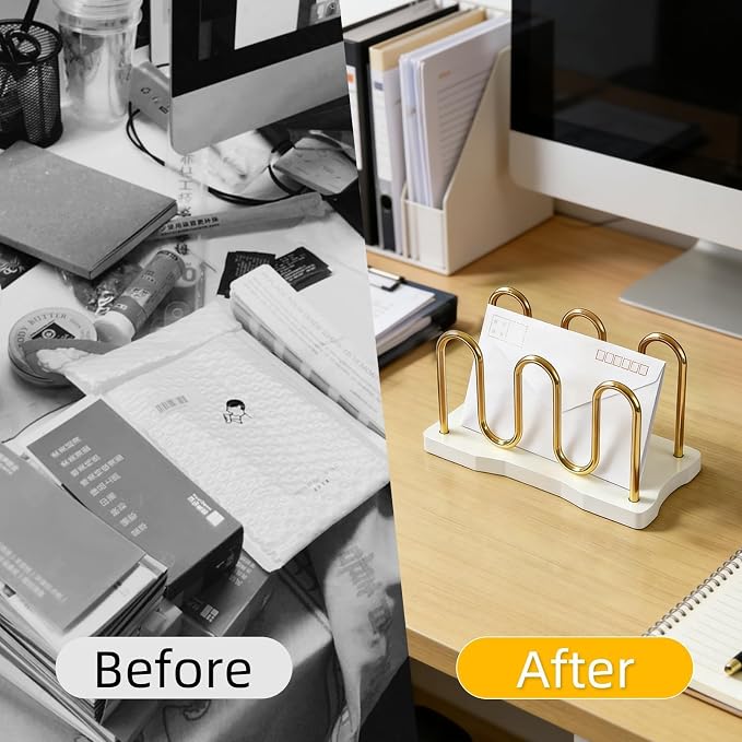 Mail Holder Organizer Countertop, Metal Mail Sorter for Desk, Cutout Mail Storage Bills Organizer Letter Tray Design with Bamboo Base for Home Office (White)