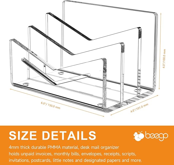 Beego Envelope and Mail Organizer Countertop - 3 Compartments Clear Acrylic Desk Organizer Letter Holder Desktop File Sorter Bill Document Folder Rack for Office, Home, School Desk Organization