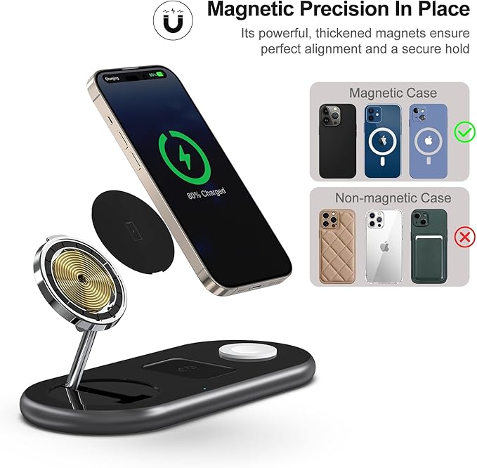 3 in 1 Charging Station for Apple Devices, Mag-Safe Charger Stand, Magnetic Wireless Charger Station for iPhone 17 16 15 14 13 12 Series, for iWatch Ultra 10 9 8 7 SE 6 5 4 3, for AirPods (Black)