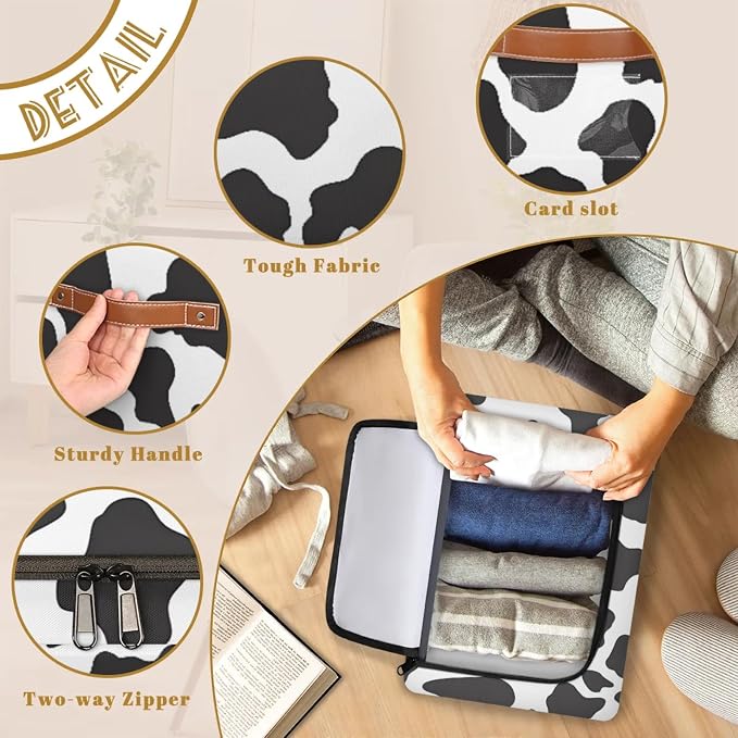 Cow Print Pattern Storage Bins With Zipper Lid, Collapsible Trunk Organizer, Car Organizers and Storage Bins with Lids, Decorative Storage Boxes with Handle, Home Storage Baskets for Organizing