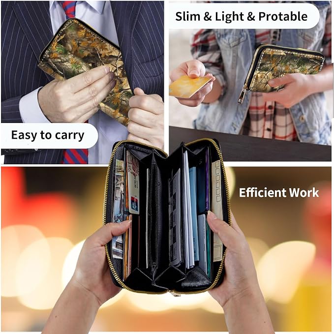 Wallet,Leather Long Wallet Suitable For Ladies And Teenagers - Detachable Wristband + RFID Travel Wallet With Card Slot - Forest Camouflage