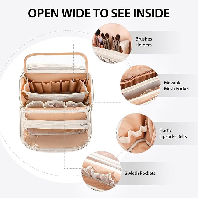 Standing Makeup Bag, Large Capacity with Room for Brushes and Mirror, Travel Makeup Organizer, Portable Stand Up Make Up Case, Waterproof Cosmetic Toiletry Bags with Handle, Color Cream White