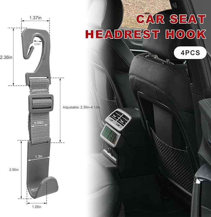 4PCS Car Seat Headrest Hook, Adjustable Vehicle Backseat Hanger Storage Organizer, Universal Seat Back Holder Hooks for Purse Coat Grocery Bag, Car Accessories (Gray)